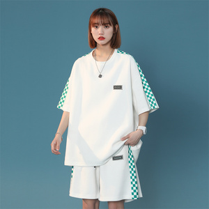 2023夏季中性风短袖绿格拼接卫衣套装男女运动 XZ229-1  TZ03 P85图片
