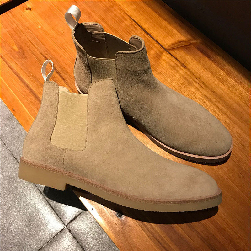 GRANDPA CHELSEA SHORT BOOTS MENS FROSTED LEATHER WINTER PLUS VELVET COUPLE BOOTS MID-TOP HIGH STREET STYLE WOMENS POINTED DESERT SHOES