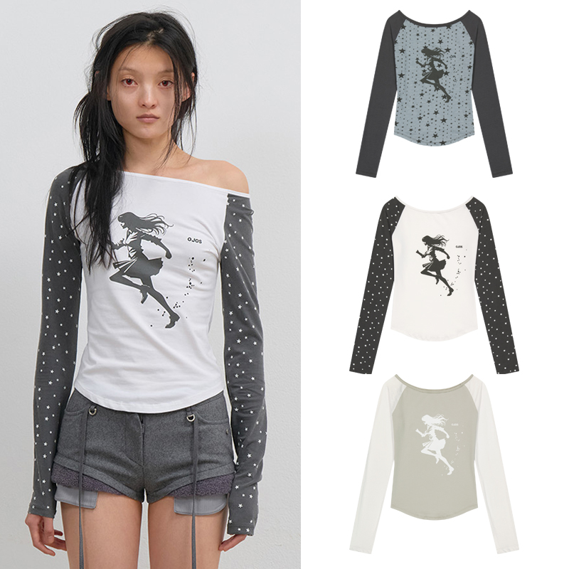 OJOS 25秋季星星印花拼色插肩袖长袖T恤 5号店韩国设计师品牌代购