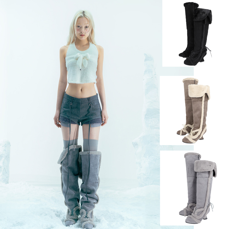 OJOS 25秋冬新款毛绒过膝长筒靴女保暖系带高筒靴 5号店韩国代购