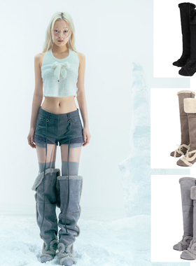 OJOS 25秋冬新款毛绒过膝长筒靴女保暖系带高筒靴 5号店韩国代购