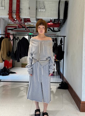 LCDC25秋新款喷洗做旧一字肩拉链卫衣外套抽绳设计 5号店韩国代购