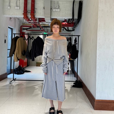 LCDC25秋新款喷洗做旧一字肩拉链卫衣外套抽绳设计 5号店韩国代购