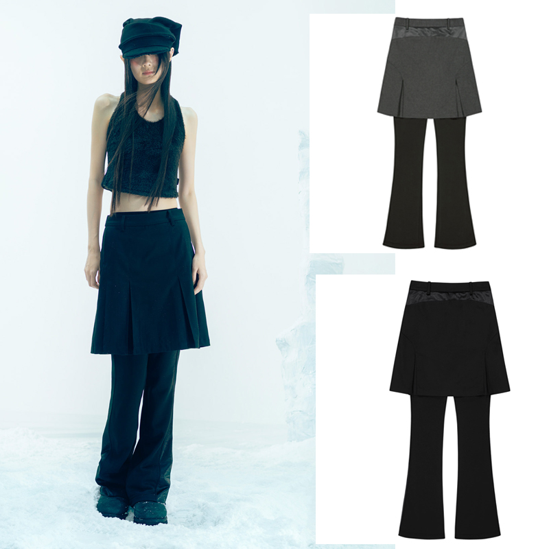 OJOS 25冬新款拼接假两件裤子带屁帘微喇休闲裤 5号店韩国代购