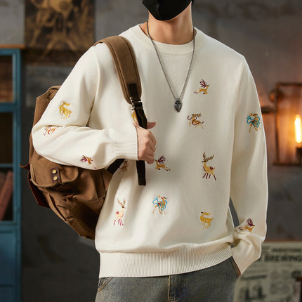 欧美潮牌圣诞麋鹿刺绣毛衣男秋冬款潮流个性修身上衣圆领针织衫男