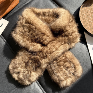 韩版 真兔毛编织围巾女秋冬双面加厚保暖围脖高级感百搭皮草毛领子