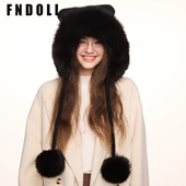 狐狸毛兔绒混纺针织帽女冬季 狐狸毛球小熊毛线帽保暖护耳皮草帽子