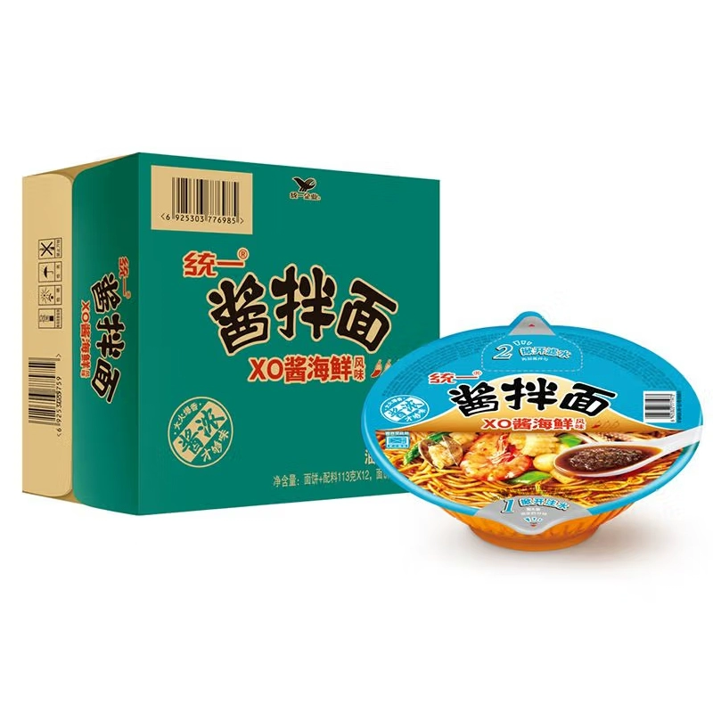 统一酱拌面XO酱海鲜风味12碗整箱冲泡干拌面方便面泡面