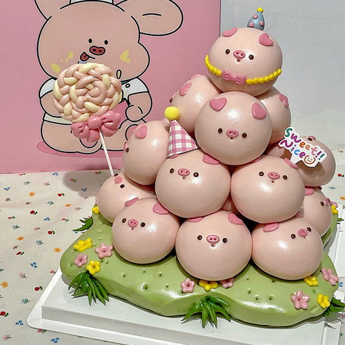 馒馒吃手作 萌猪蛋糕塔馒头模具卡通猪猪包面食生日蛋糕派对辅食