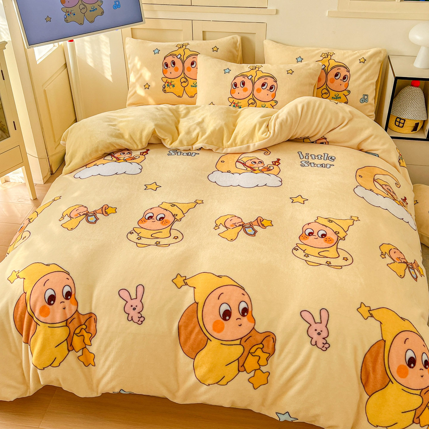星星人牛奶绒四件套加厚保暖卡通小奶龙被套儿童学生床单笠三件套,床上用品,床品套件/四件套/多件套,淘宝优惠券,粉丝福利购,淘宝优惠卷