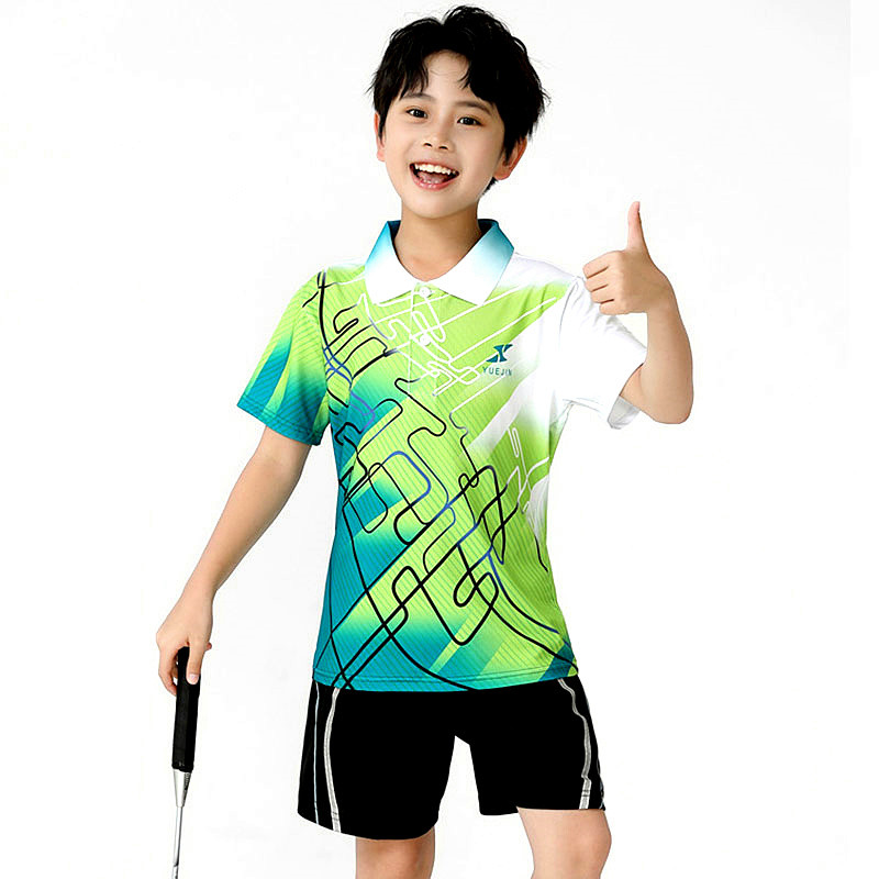 速干羽毛球服套装儿童训练翻领短袖比赛乒乓球衣裤男童女印字定制