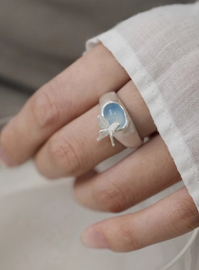 【海与蝶 一寸十里】海蓝宝纯银开口戒指可调节新中式原创设计