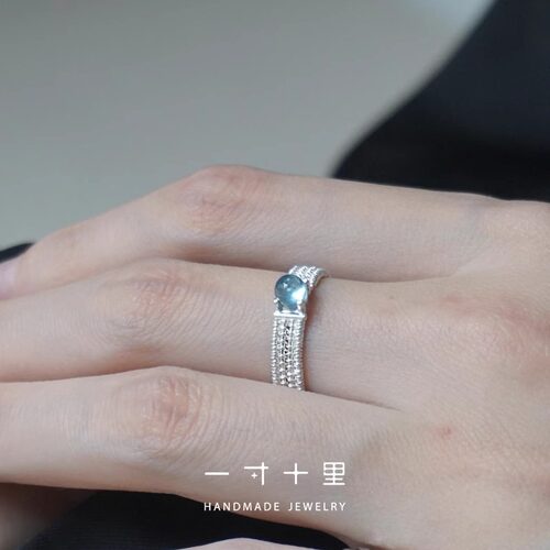 一寸十里织锦花丝海蓝宝戒指