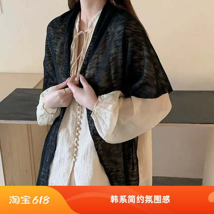 三角披肩黑色丝巾女防晒亚麻新款冰丝高级夏季披巾薄款外搭