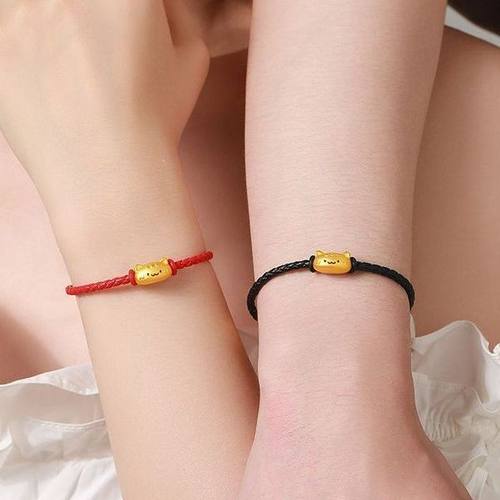 水贝黄金法棍猫手链欧美金包银招财猫叉勺编绳男女情侣款生日礼物