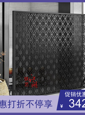 美式定制尺寸镂空铁艺黑色隔断立式屏风带网壁炉门客厅新品火炉围