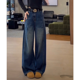 牛仔裤女2025年冬季新款爆款裤子加绒加厚长裤高腰蓝色百搭阔腿裤