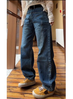 小个子蓝色牛仔裤女2025秋季新款爆款裤子显瘦高腰宽松弯刀阔腿裤