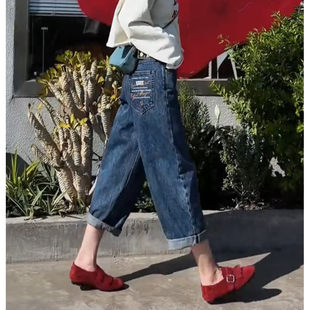 小个子蓝色牛仔裤女士2026年春季新款爆款裤子时尚八分直筒裤宽松