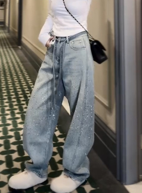 小个子蓝色牛仔裤女士2025年冬季新款裤子加绒加厚烫钻弯刀直筒裤