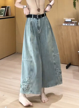 小个子蓝色牛仔裤女2026夏季新款裤子时尚蝴蝶镂空弯刀九分阔腿裤