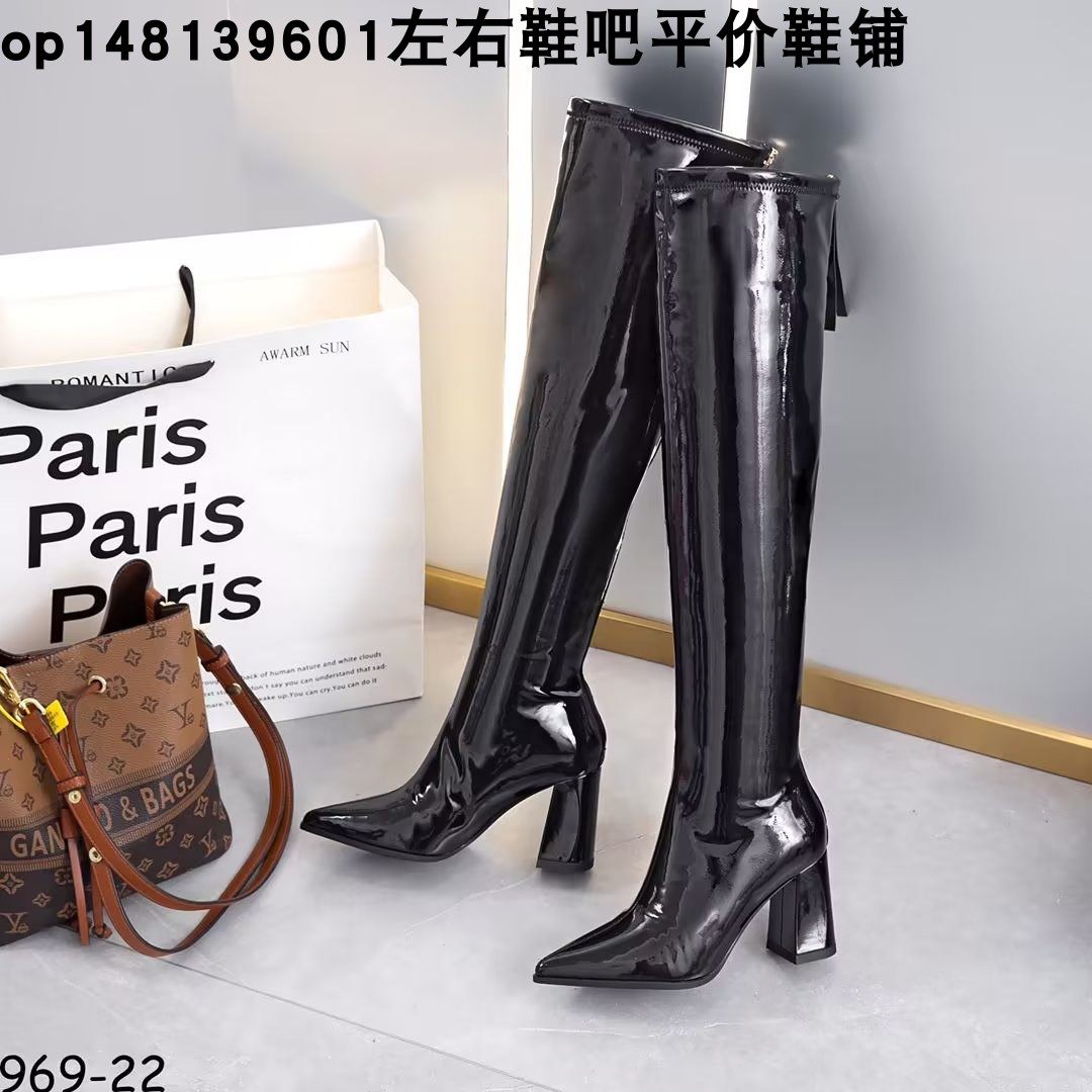 2023秋冬新款性感漆皮尖头粗跟过膝后拉链长筒靴女时尚长靴