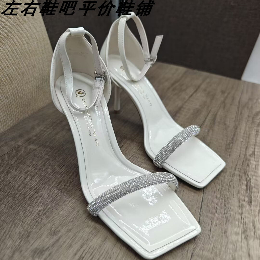 2025新款水钻配裙子露趾高跟鞋女鞋夏季款一字扣优雅细跟包跟凉鞋