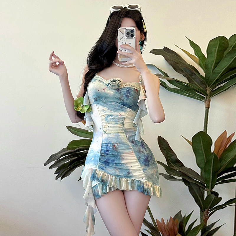 晕染扎染连体泳衣女收腰荷叶边性感包臀裙小个子高级泳装沙滩度假