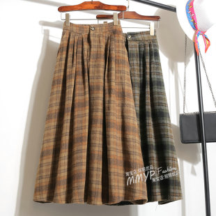 冬季 绿色百褶裙子半裙长裙伞裙 加厚复古格子毛呢半身裙女秋冬新款