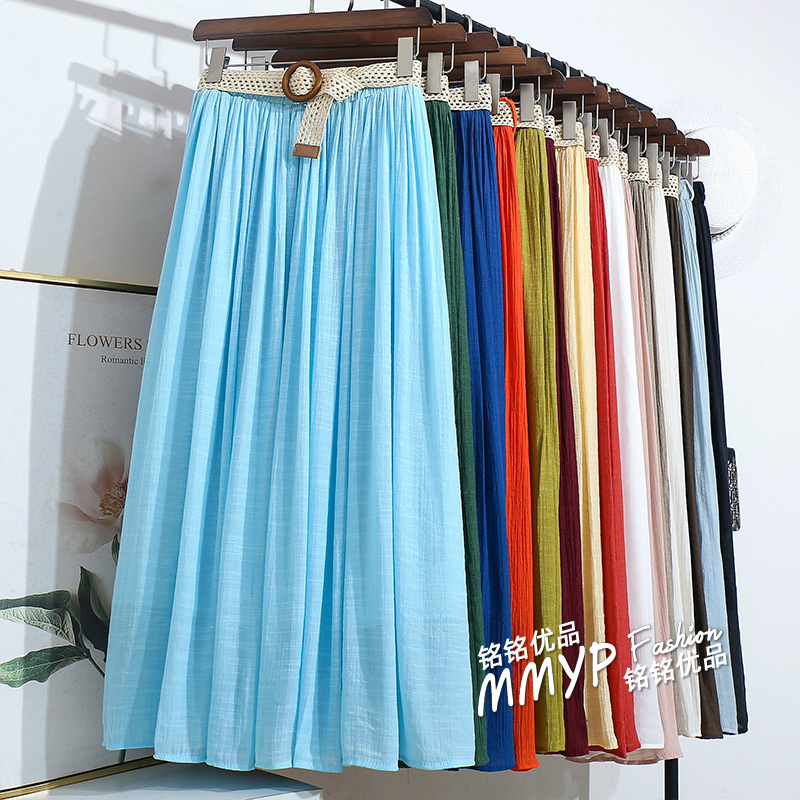 新中式浅蓝色仿棉麻垂感大摆半身裙女夏2025新款A字裙子长裙配腰