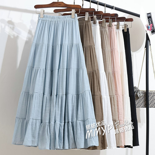 欧若风大摆仿棉麻荷叶边半身裙