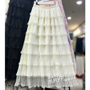 冬季花边褶皱纱裙蛋糕裙半身裙女秋冬2025白色长款a字网纱长裙子