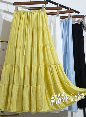 巨好看流行黄色蕾丝花边拼接冰丝棉蛋糕半身裙女夏季A字裙长裙子