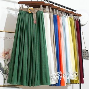 2026新款 高腰显瘦A字长 半身裙女夏季 高级感墨绿色大摆仿棉麻长款