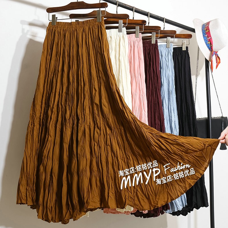 高级！长款棕色不规则褶皱半身裙