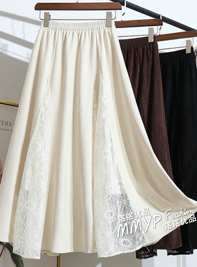 秋冬好看长款麂皮绒拼接蕾丝半身裙女冬季2025新款黑色长裙子伞裙