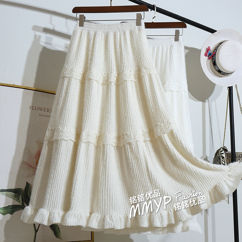 磨毛花边拼接蛋糕半身裙