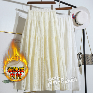 冬天好看白色大摆裙长裙 2025新款 秋冬款 磨毛蕾丝拼接半身裙女冬季