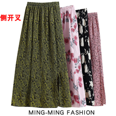 复古松紧腰A字绿色碎花半身裙
