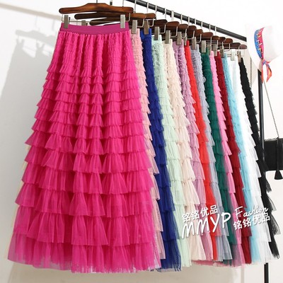 玫红色层层网纱蛋糕裙半身裙
