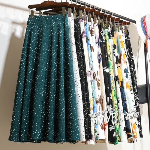 高货！墨绿色波点雪纺碎花半身裙