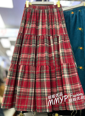 秋冬款伯克利红色格子毛呢蛋糕裙半身裙女2025冬季新款长裙子冬裙