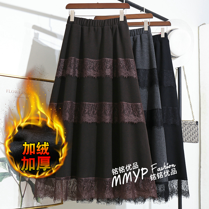 秋冬复古加绒加厚半身裙女冬季2025新款蕾丝拼接蛋糕裙子半裙长裙