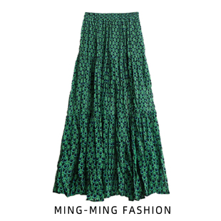 大摆孔雀绿色碎花半身裙女夏2025新款小个子裙子雪纺百褶长裙花裙