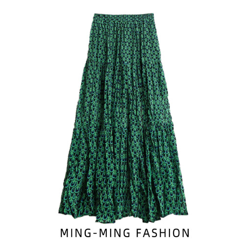 法式大摆绿色褶皱碎花半身裙半裙