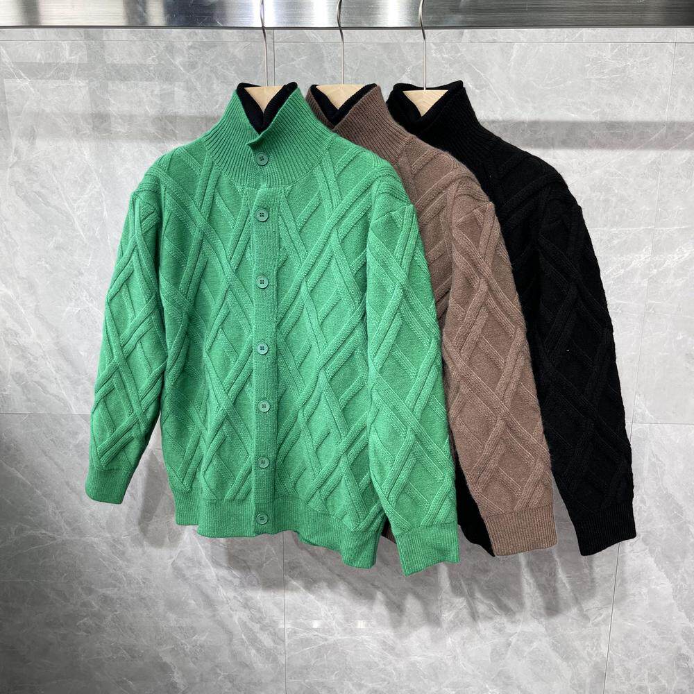 SOUTH KOREA WINTER 2024 MENS DIAMOND CHECK KNIT THICKENED CARDIGAN SWEATER KOREAN VERSION INS INTERNET CELEBRITY JACKET TIDE