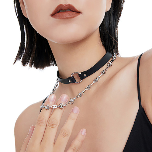 新款牛皮choker锁骨链项圈哥特男