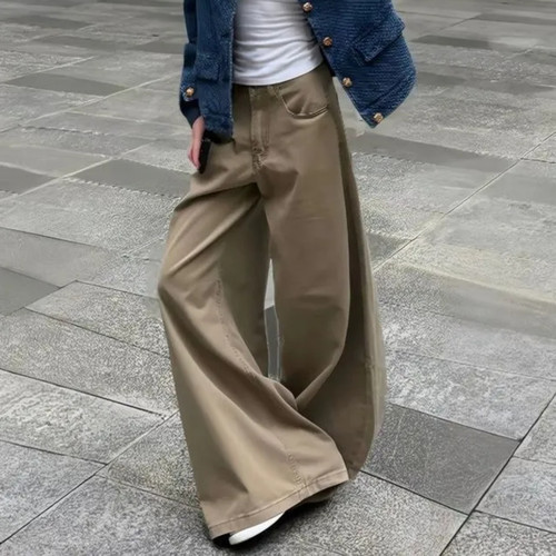 高个子美式高腰阔腿弯刀牛仔裤
