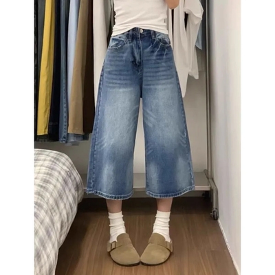 美式复古七分牛仔裤女夏季新款直筒裤高腰显瘦中裤宽松休闲阔腿裤