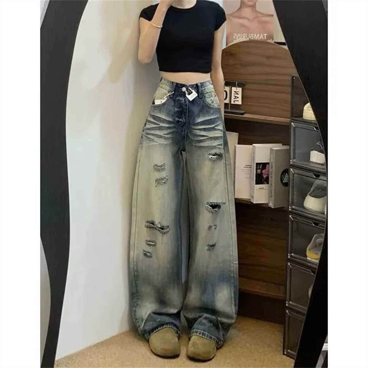 高个子美式复古做旧破洞阔腿牛仔裤女春夏新款高腰宽松乞丐拖地裤